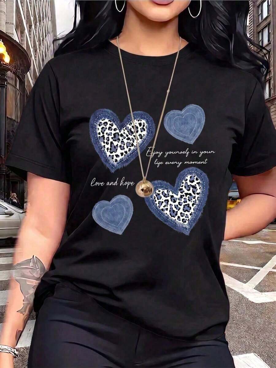 Camiseta Holgada Sencilla Mujer Estilo Moderno Camiseta de cuello redondo y mangas cortas de ropa fashion, fabricada en México, para la temporada primavera-verano 2026.Con estampado de dibujos animados, es un modelo de pareja, apta para usar tanto por dentro como por fuera, ideal para oficina y estilo casual, diseñada para hombres y mujeres, en unidad individual.Camiseta Mujer Estampado Gráfico Verano 2026 - Negro - Ver 1