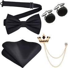New Silk Bow Tie Set For Men, Available In 9 Colors, Includes Crown Flower Lapel Pin, Handkerchief And Cufflinks - A - View 5