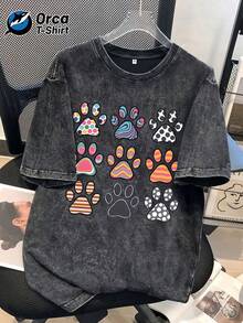 1 camiseta vintage con estampado de huellas de pata, de colores variados y efecto desgastado, de una marca americana de moda, informal, de cuello redondo, de algodón lavado, personalizada, de manga corta, adecuada para vacaciones, salidas, uso casual, deportes, regalos y otras ocasiones. 100% algodón, 180g. - Negro - Ver 12