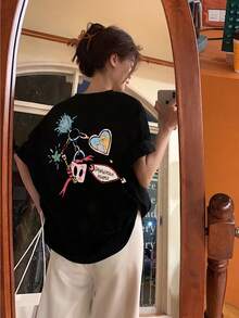Camiseta Pura para Mujer Manga Corta Diseño de Nicho y Estampado 2025 Verano Nuevo Top Holgado de Manga Media y Ajustado para Mujer - Negro - Ver 2