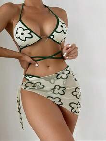 Nuevo bikini de tres piezas estilo ins con tiras ajustables y diseño de corazón. - Verde - Ver 10