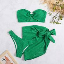 Bikini Sexy de 3 Piezas para Mujer con Top Bandeau y Falda Corta, Estilo Playa y Vacaciones - rosa claro - Ver 5