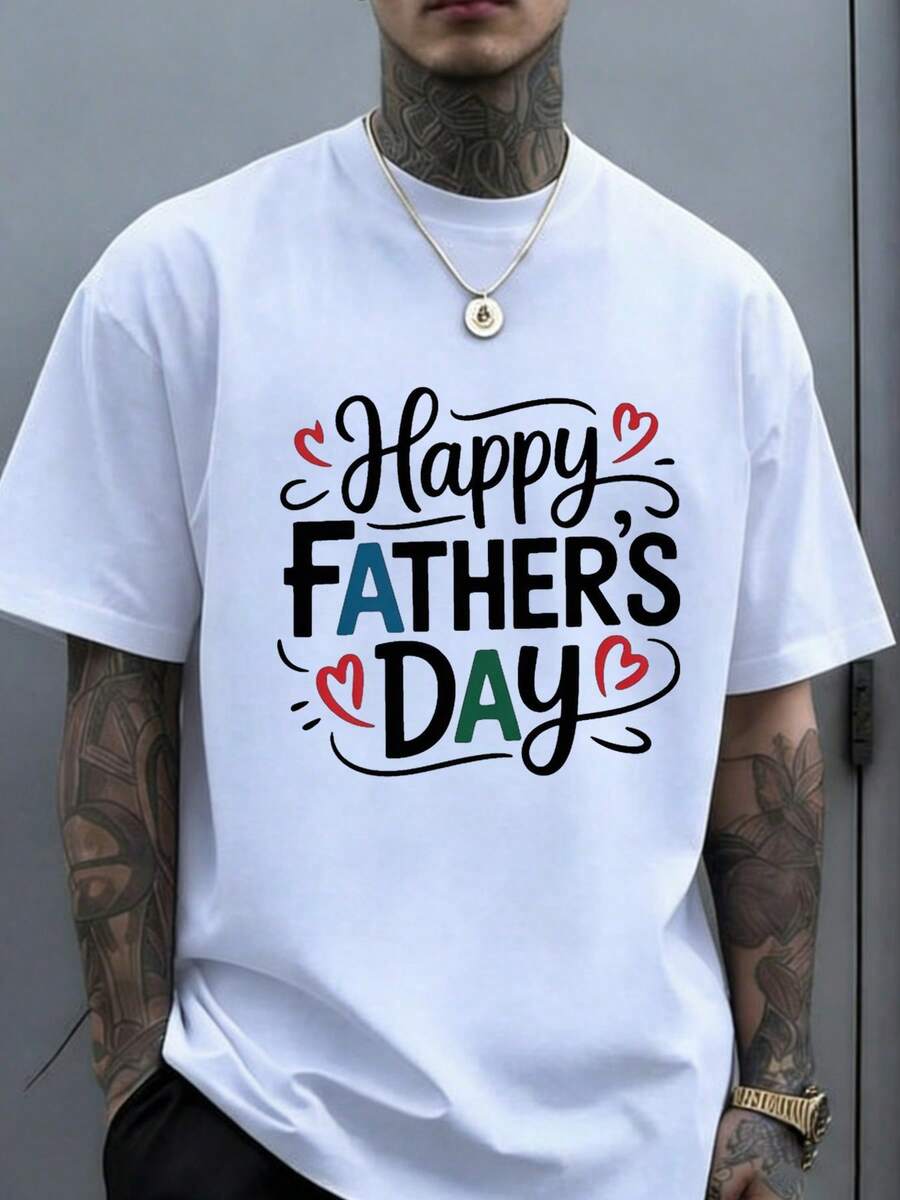 Camiseta unisex de manga corta, camiseta con estampado de Feliz Día del Padre, con letras llamativas combinadas con decoración de corazón, un regalo perfecto para papá, padrastro o figura paterna, ideal para celebraciones del Día del Padre, uso casual 01T.Jpg, tela ligera y cómoda, adecuada para todas las tallas. - Blanco - Ver 1