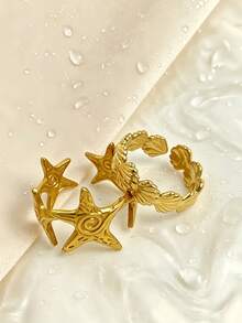 2pcs Titanium Steel Classic Fashion, Luxury, Hip-Hop, Cute, Retro, Minimalist, Adjustable Unisex Rings, Suitable For Various Outfits, Work, Study, Travel, Carnival, Concerts, Parties, And Holidays As Gifts - Golden-starfish Shell - View 4