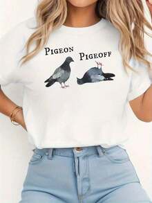 Camiseta Holgada de Verano, Regalo para Mamá, Camiseta Divertida con la Frase "PIGEON PIGEOFF" (Paloma y Paloma), Cuello Redondo Casual para Mujer, Divertida para Fiestas y Uso Diario, Nuevas Llegadas de Verano, Camiseta Básica de Algodón con Cuello Redondo para Mujer - Blanco - Ver 7