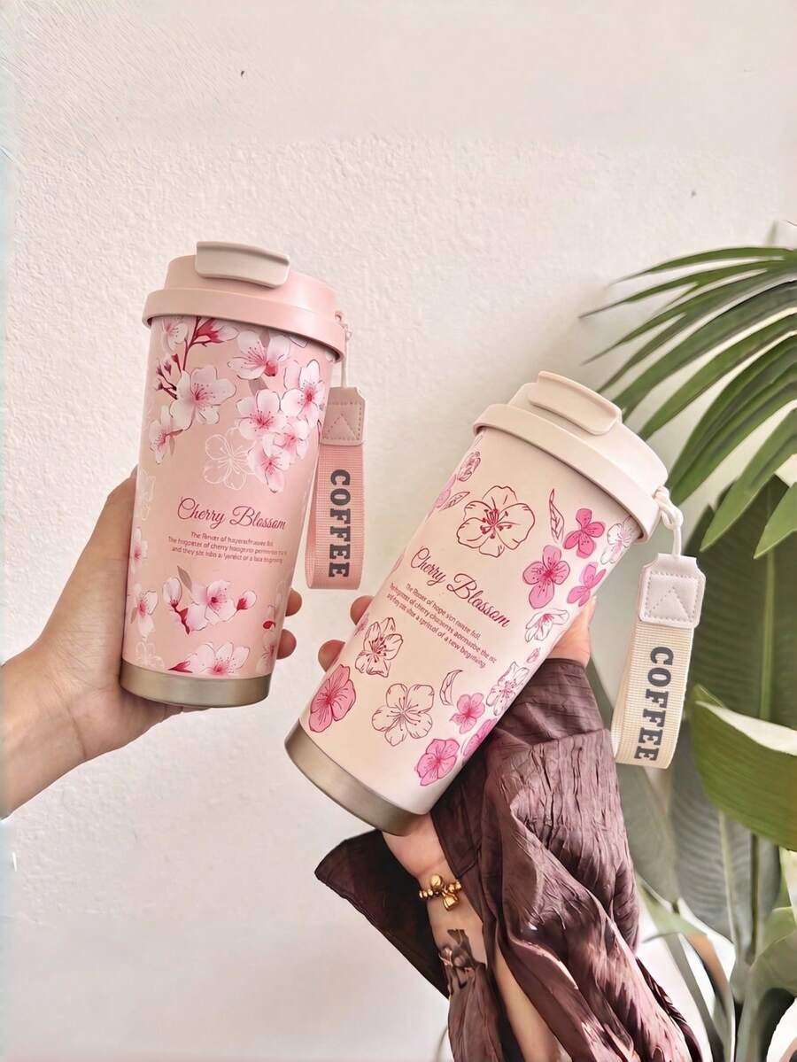 1 cốc cà phê giữ nhiệt 500ml họa tiết hoa anh đào hồng/trắng, kiểu dáng hoa văn trang nhã, làm bằng thép không gỉ SUS304, hình trụ cao, nắp uống 2 trong 1 chống rò rỉ, cốc du lịch di động có dây đeo cổ tay, thích hợp cho cà phê đá, trà, đi làm hàng ngày, văn phòng, làm quà tặng và mọi mùa. - Nhiều màu - Xem 1