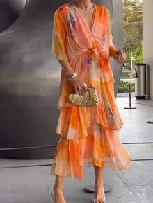 Long Printed Dress With Layers, Elegant Fitted Fashion Style Ideal For Holidays - 橘色 - 查看 3
