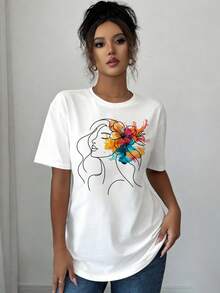 Camiseta de Mujer con Estampado de Retrato Floral - Blusa de Manga Corta y Cuello Redondo, Suave y Transpirable, Ideal para Verano y Primavera, Atuendo Casual o para Bodas (Lavable a Máquina) - [Blanco] - Ver 6