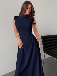 Vestido maxi de línea A con cuello alto, sin mangas, con volantes, elegante y romántico, color blanco, adecuado para citas, uso diario y el trabajo - Azul marino - Ver 5
