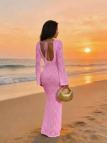 Women's Red Knit Long Sleeve V-Neck Semi-Sheer Dress, Elegant Bohemian Vintage Resort Style Pink Vacation Beach Summer - Pink - View 8