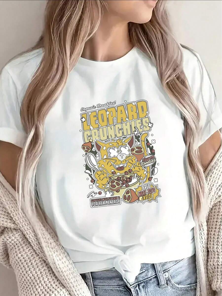 Camiseta de manga corta, adornada con un llamativo estampado de leopardo y un estampado de gato de dibujos animados - top negro de cuello redondo, se puede combinar con un cárdigan.| Lavable a máquina, ajuste cómodo, adecuado para uso casual diario - fácil de combinar con otras prendas. - Blanco - Ver 1