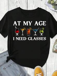 Elegante y casual mujer manga corta,Crewneck T Shirt Birthday Cocktail And Wine Glass Print At My Age I Need Glasses Black Casual Wear For Women Summer - Negro - Ver 3