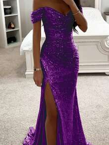 Vestido largo de gala formal con escote hombros descubiertos, fruncido, con lentejuelas y abertura alta tipo sirena - Morado - Ver 1