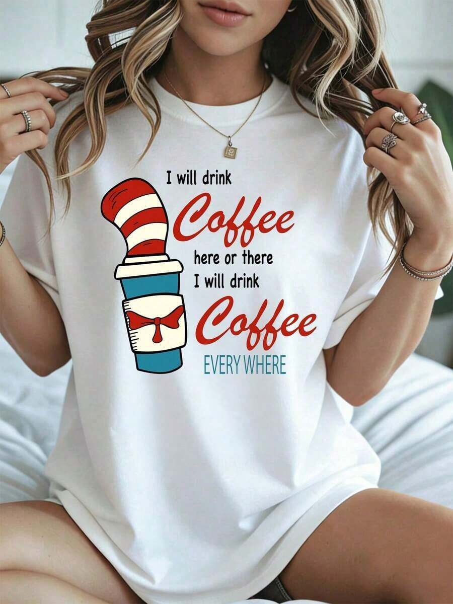 Elegante y casual para mujer, manga corta, camiseta para amantes del café D1r Seu1ss con estampado de gato con sombrero y taza de café, ropa casual blanca para mujer, primavera verano. - Blanco - Ver 1