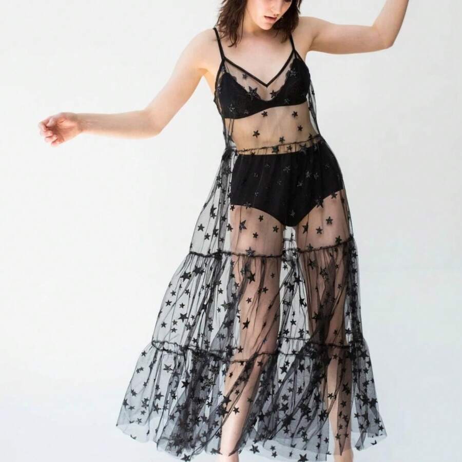 Vestido de playa con estampado de estrellas hasta el tobillo con tirantes finos para mujer, Vestidos de verano sin mangas con cuello en V, Vestidos fruncidos de malla de encaje para mujer - Negro - Ver 1