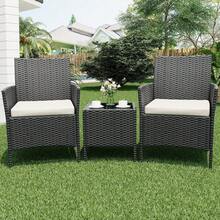 3 Pieces Patio Furniture Set, PE Rattan Wicker Outdoor Furniture with Steel Frame, Cushioned Chairs & Glass Coffee Table for Garden, Deck, Porch, or Poolside - Schwarz - Übersicht 2