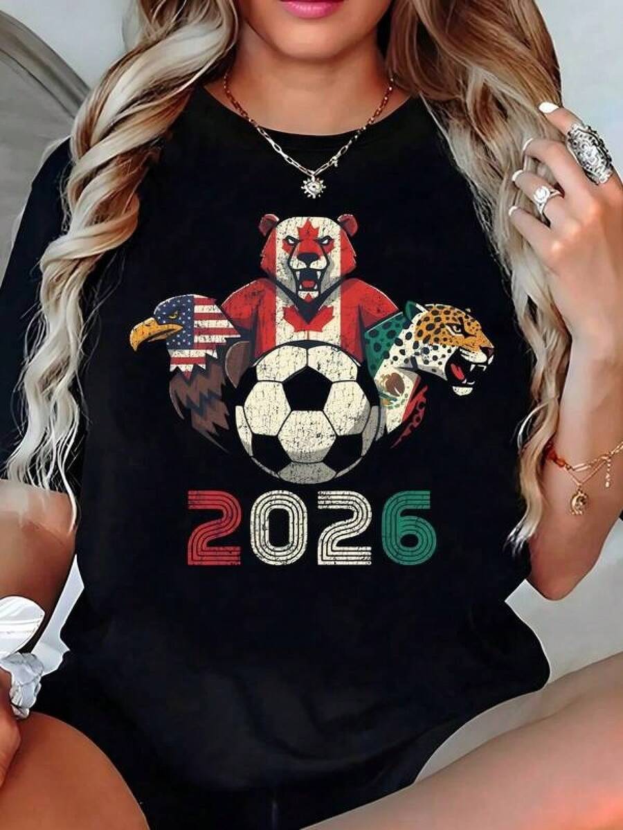 Playera Negra de Mujer del Mundial 2026éxico USA Canadá con Águila Oso y, Camiseta Aesthetic de Sedes de Fútbol Manga Corta, Top Moderno de Fanático Unidos 2026, Blusa Casual de Moda Deportiva - Negro - Ver 1