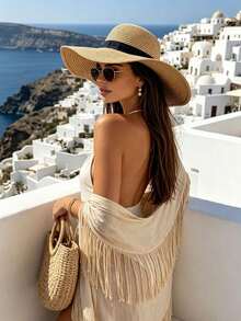 1pc Women's Elegant Foldable Bohemian Style Straw Hat - Khaki, Convenient Storage, Retro Mesh Satin Ribbon Decor, UV Protection Beach Hat, Suitable For Summer Vacation - Multicolor - View 3