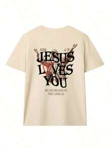 Camiseta de Verano para Mujer 100% Algodón, con Estampado de Letras "Jesus Loves You", Cuello Redondo, Manga Corta, Estilo Casual, Adecuada para Uso Diario, Blanca de Verano - Unisex para Mujer y Hombre, Ropa Casual para el Campus. - Albaricoque - Ver 3