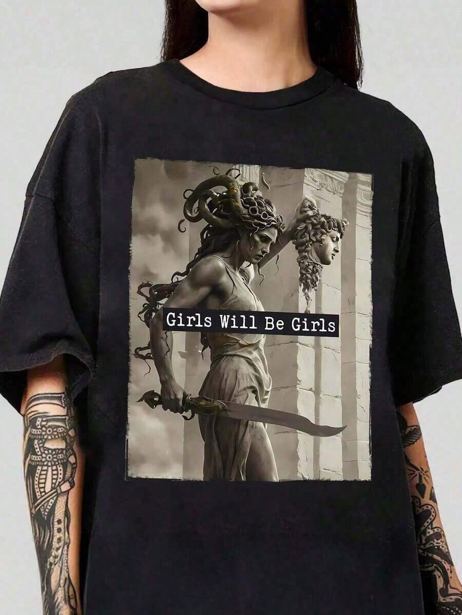 Camisetas de verano para mujer con estampado gráfico "Las chicas serán chicas", cuello redondo, manga corta, estilo casual sencillo para uso diario, tallas grandes, camiseta Medusa con cabeza de Perseus, camiseta de feminismo, camiseta de empoderamiento femenino. - Negro - Ver 1