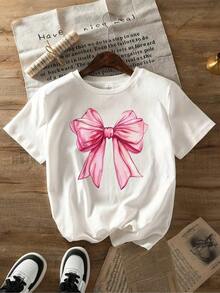Y2K Style Bow Graphic T-Shirt, Basic Top With Sweet Attitude And Vibrant Pink Bow Design - White - View 3