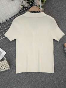 de punto con cuello polo y mangas raglán cortas para mujer, ligera y versátil, ideal para primavera/verano - Albaricoque - Ver 8