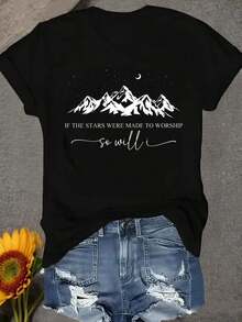 Opción popular: Suéter casual de cuello redondo para mujer de talla grande, con diseño de luna de montaña, la primera opción para el uso diario. Si las estrellas existen sólo para ser admiradas, entonces yo también lo soy. Suave y cómodo, de puro algodón - Negro - Ver 1