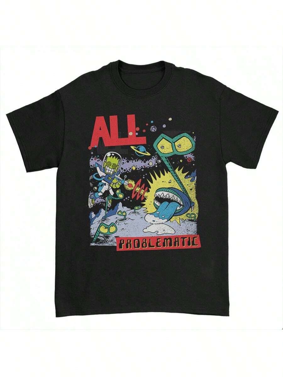 Camiseta Gráfica de álbum Problemático de All Band - Negra - Con Texto Audaz ALL & PROBLEMATIC y Arte de Nave Espacial Alienígena - Camiseta Unisex para Concierto de Heavy Metal - Suave y Transpirable - Negro - Ver 1