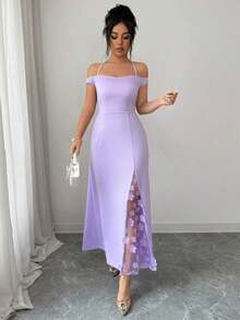 YHHElenzga Vestido elegante de mujer con hombros descubiertos, silueta ajustada con paneles laterales con ribete de encaje y abertura hasta el muslo, adecuado para fiestas de noche, citas, eventos sociales ligeros y salidas casualesYHH - Morado - Ver 3