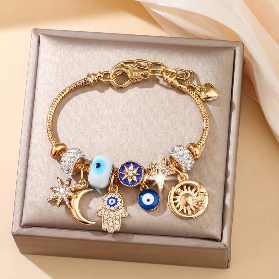 1 chiếc vòng tay phong cách Bohemian màu xanh dương với mặt dây chuyền hình ngôi sao, mặt trăng, mặt trời, phụ kiện sang trọng đa năng độc đáo. - Vòng tay ngôi sao và mặt trăng mắt xanh - Xem 1