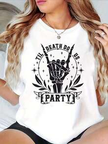 100% Cotton Rock  T-Shirt - "Til Death Do Us Party" Style With Hand-Printed Skull And Hand, Short Sleeve, Round Neck, Casual Top For Summer And Spring, Women's Clothing - 白色 - 查看 6