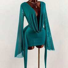 Romantic Vacation Earthy Tone Low-Cut Draped Collar, Flared Sleeves, Bodycon Mini Dress Bell Sleeves - Rosa - Ver 5