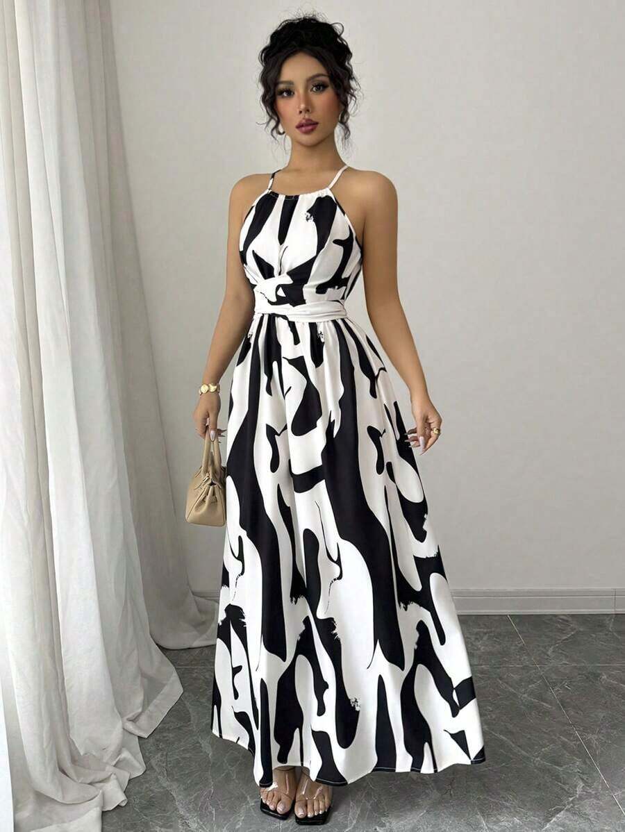 Vestido elegante de mujer con cuello halter, corte en la cintura, twist y bloque de color asimétrico, para primavera/verano - Blanco y Negro - Ver 1