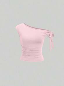 Camiseta ajustada de mujer talla grande de unicolor y cuello asimétrico, para verano - Rosa - Ver 4
