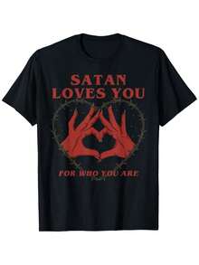 Satanás te ama porque eres la camiseta vintage de Halloween, hecha de tela con estampado a una cara, apta para todas las estaciones y géneros - Negro - Ver 1