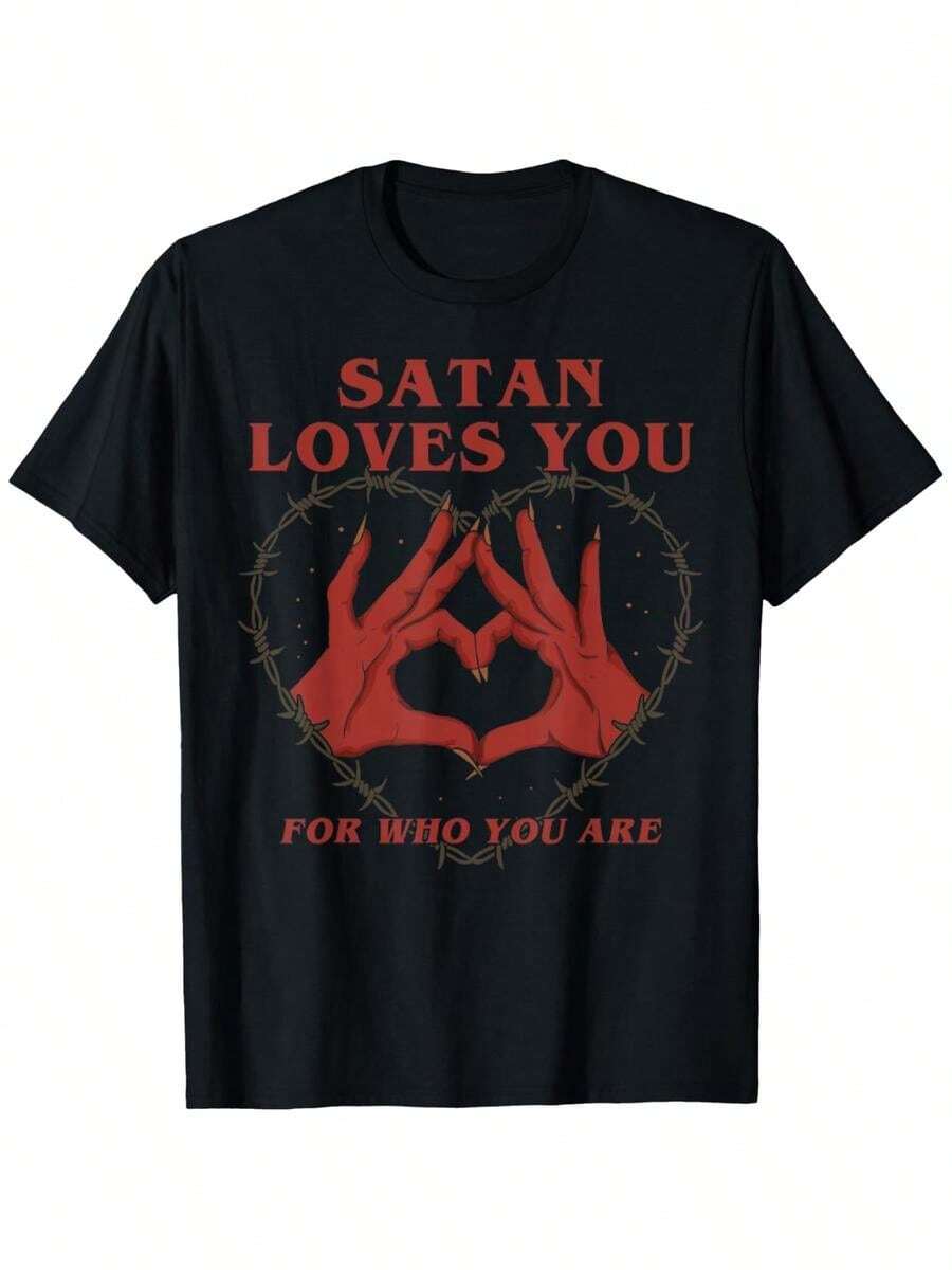 Satanás te ama porque eres la camiseta vintage de Halloween, hecha de tela con estampado a una cara, apta para todas las estaciones y géneros - Negro - Ver 1