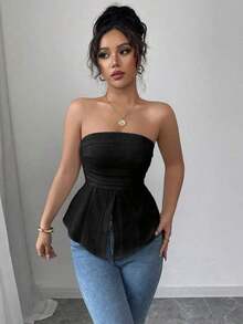 Blusa casual y sexy con diseño sin espalda y textura tejida para mujer, /verano - Negro - Ver 3