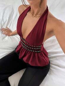 Nuevo top halter de verano con diseño de cintura con remaches para mujeres - Burdeos - Ver 3