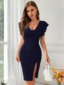 Privé Vestido casual corto con cuello en V, unicolor y abertura lateral simple para mujeres - Azul marino - Ver 5