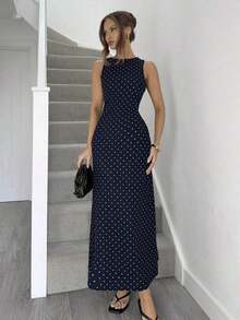 Vestido de verano con espalda abierta, tirantes y estampado de lunares sexy para mujeres - Azul marino - Ver 5