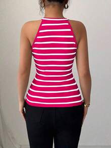 Camiseta ajustada y sexy con diseño hueco y cuello halter a rayas para mujeres - Rosa Fucsia - Ver 2