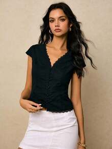 Blusa de mujer de unicolor con diseño de botones y encaje en contraste - Negro - Ver 2