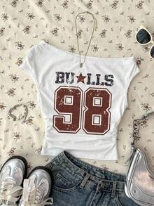 Blusa asimétrica de hombro fruncida con lunares para mujer, blanca - Multicolor - Ver 3