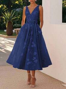 1Fashionable Multi-Color Sleeveless Dress, Embroidered V-Neck, Cinched Waist, Lace Up, Mid Length Banquet Dress For Women - Màu vàng - Xem 5