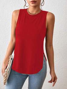 1 pieza Camiseta casual de mujer de cuello redondo y bajo con abertura lateral de un solo color - Rojo - Ver 3