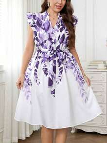 Vestido con estampado gráfico, cuello con muesca, volantes, cinturón, lunares, vestidos para mujer, vestidos casuales de primavera, vestidos de picnic, vestidos de verano, vestidos de primavera, vestidos de festival, vestidos de Pascua, vestid - Multicolor 7 - Ver 7