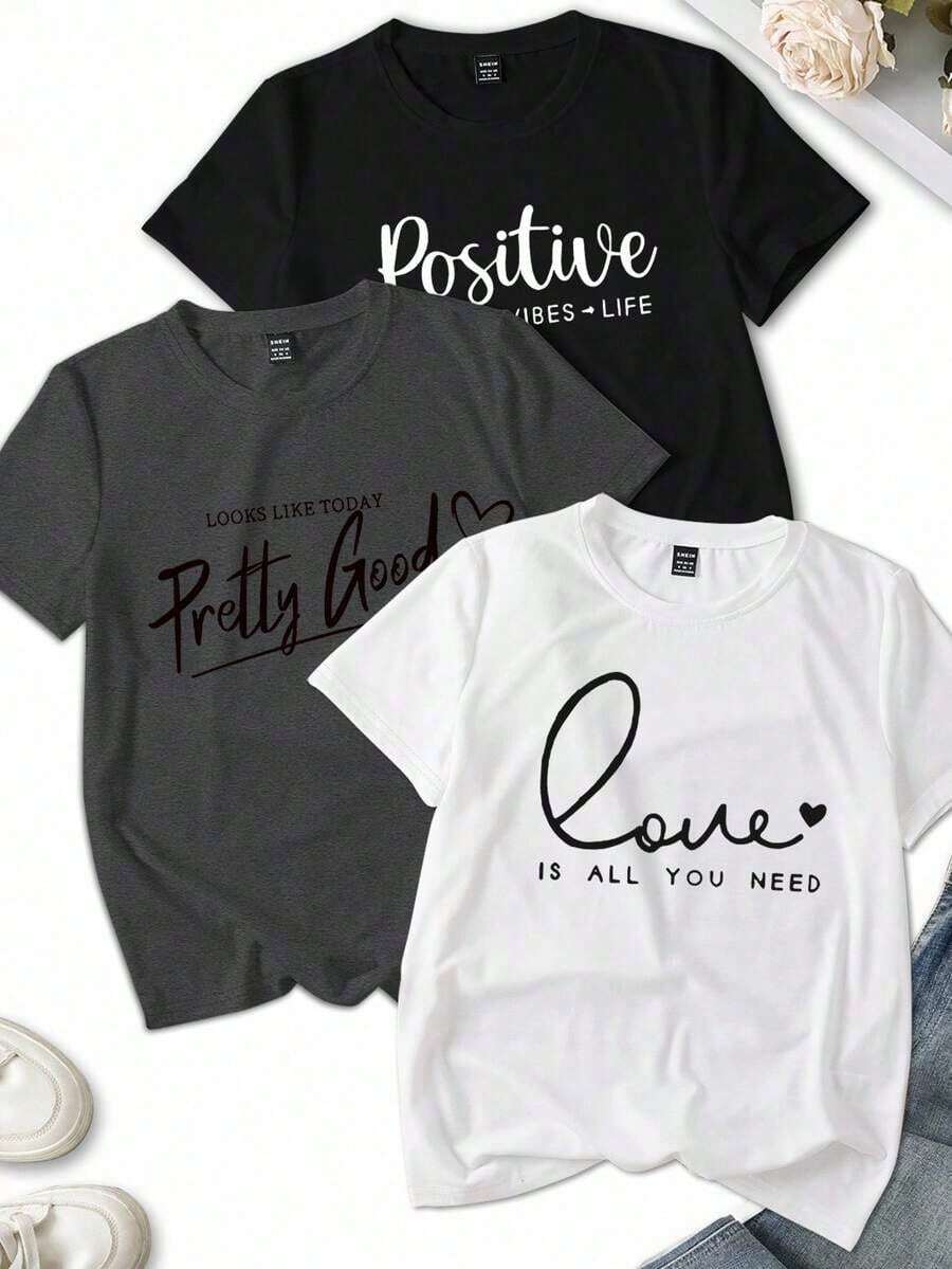 Set de 3 camisetas de mujer de manga corta con cuello redondo, de estilo casual de verano, con estampado gráfico del universo creencia, top de concierto - Multicolor 8 - Ver 1