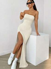 Vestido sin tirantes con abertura alta de unicolor para mujeres - Beis - Ver 3
