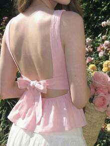Top sin espalda con lazo y tirantes de barco en color rosa, ideal para vacaciones de verano, primavera/verano, Día de San Valentín, fiestas elegantes, ceremonias, vacaciones en la playa para mujeres, elegante, boda, estilo bohemio, top casual pa - Rosa - Ver 3