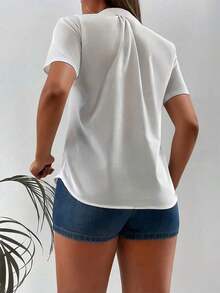 Camisa casual de oficina de unicolor de manga corta y abotonadura sencilla para mujer - Blanco - Ver 2